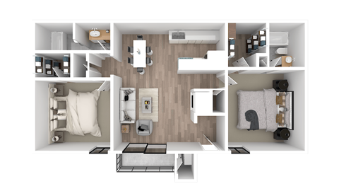 a 3d rendering of a floor plan with a bedroom and a bathroom